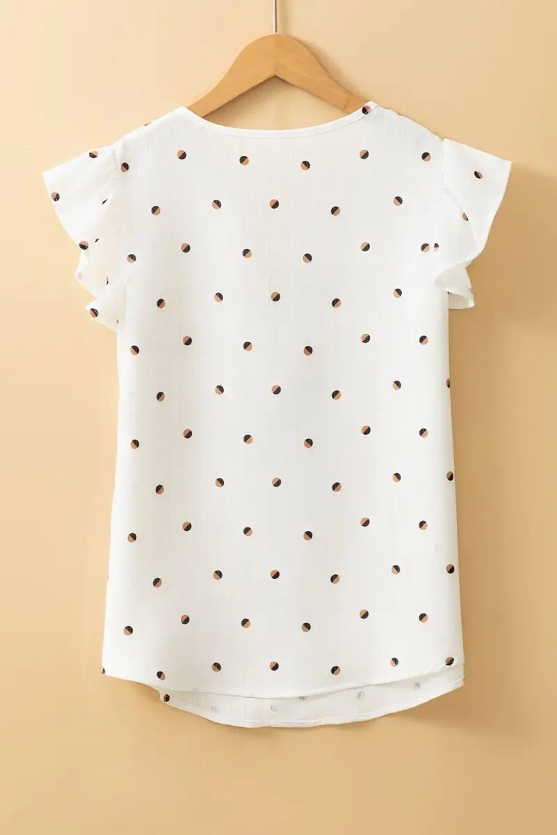 White Polka Dot Print Ruffled Shoulder V Neck Tank Top - Love Salve